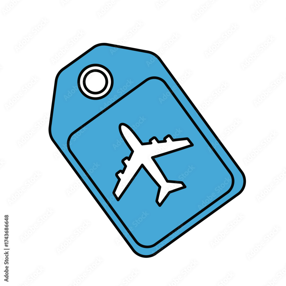 Naklejka premium Blue luggage tag with airplane silhouette for travel.