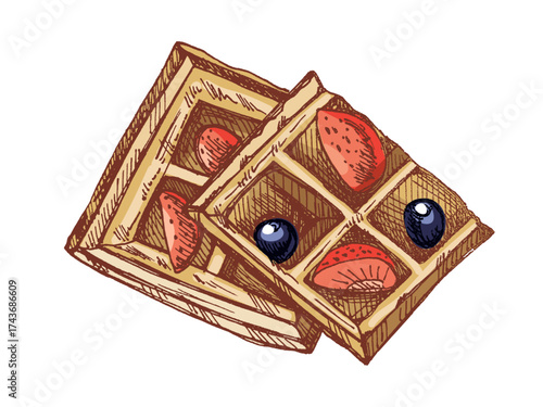 Hand drawn vintage sketch of sweet waffles with strawberries and blueberries in color and monochrome version