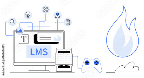 LMS screen with icons for search, customization, certifications, an open book, gaming controller, and flame symbol. Ideal for e-learning, training, innovation gamification education productivity