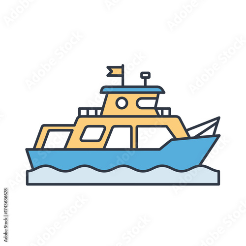 A stylized boat floats on blue water with white waves.