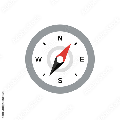 A circular compass with a needle pointing north.