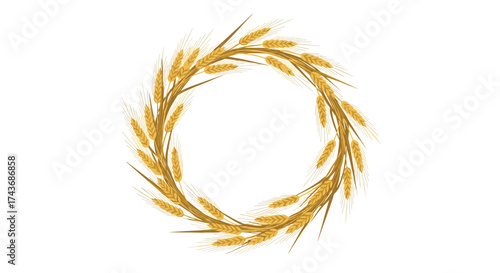 A circular wreath made of golden wheat stalks arranged on a white background representing harvest and abundance.