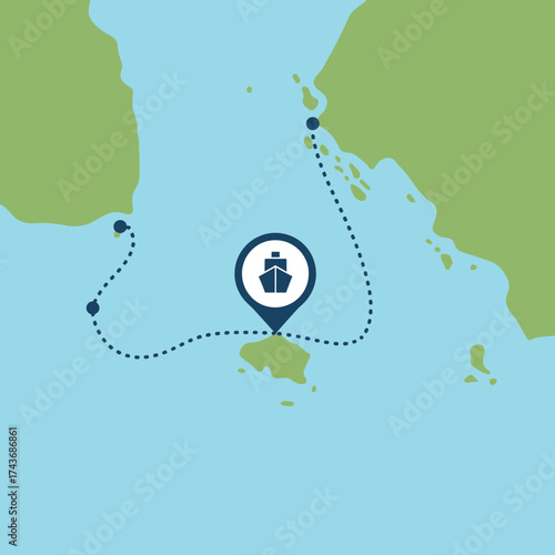 Map showing a cruise ship route between islands and landmasses.