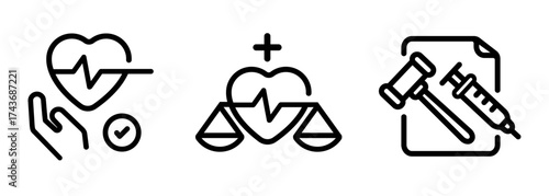 ethical principles in medicine and healthcare icon feature hand with healthy heart a scale of justice and gavel with syringe representing patient rights and medical law