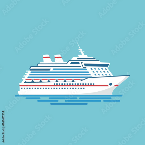 White cruise ship sailing on blue water under a clear sky.