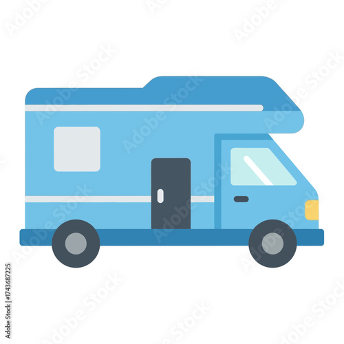 Blue camper van with windows and wheels.