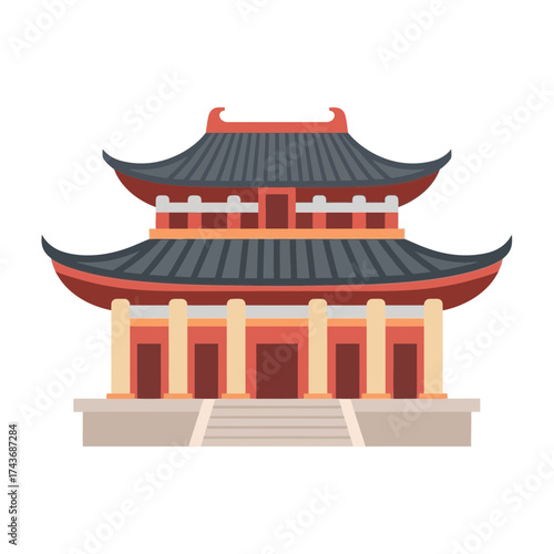 Traditional East Asian building with tiered roofs and pillars.