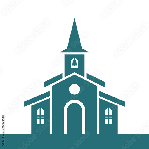 Teal silhouette of a church building with a steeple.