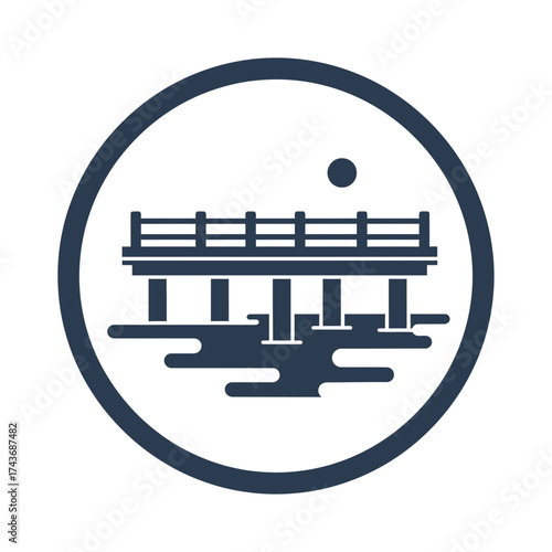 Stylized bridge over water with a small circle above.