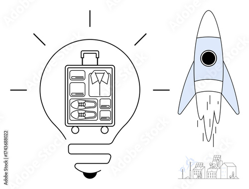 Light bulb with neatly packed suitcase inside, rocket launching, and small city. Ideal for innovation, travel efficiency, creative solutions, entrepreneurship, futuristic concepts, productivity