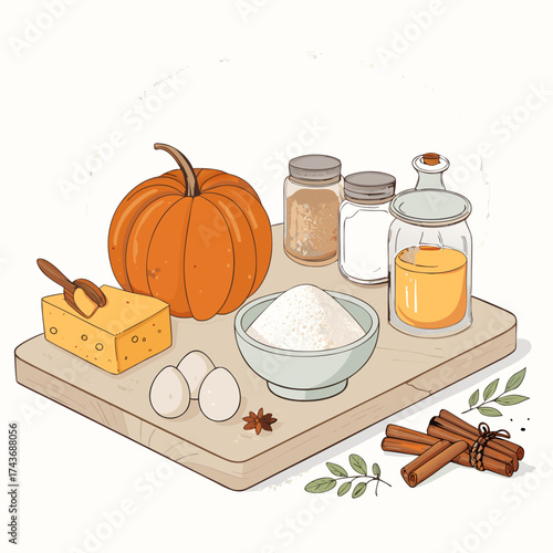 Hand-Drawn Pumpkin Pie Baking Ingredients on Wooden Cutting Board