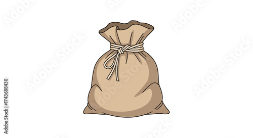 A tightly tied burlap sack with a rope closure resting on a white background.