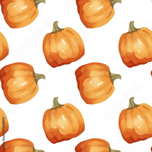 Seamless watercolor pattern with pumpkins. Hand painted orange pumpkins with green leaves and vine, soft watercolor texture, autumn theme, cozy and natural style, repeating pattern, vector illustratio