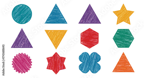 Collection of colorful geometric shapes and figures with textured scribbled fill.