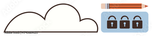 Cloud outline, pencil symbolizing editing, and three locks on a platform for security. Ideal for data protection, cloud computing, privacy, system security, online storage, secure collaboration