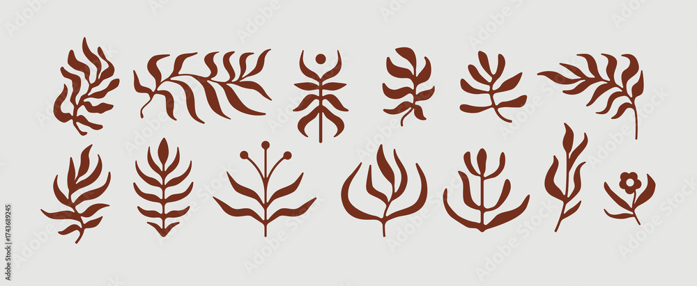 Obraz premium Collection of hand drawn abstract brown botanical vector leaves and floral elements for modern minimal logos, nature decor and organic design themes.