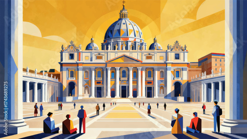 Illustration of the magnificent st. Peter's basilica with a square full of pilgrims, a religious atmosphere Vector Design Template