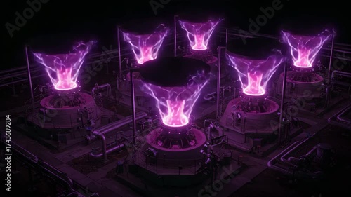 Futuristic Power Plant with Glowing Purple Energy Reactors at Night
