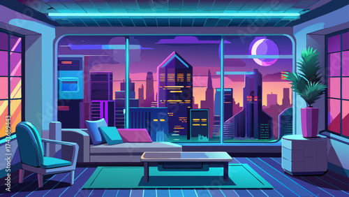 Cyber apartment with panoramic window showing neon skyline, sleek metallic furniture, and soft blue lighting, representing calm digital living and advanced urban comfort.