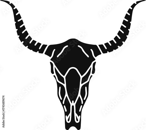 Stylized vector of a longhorn skull with symmetrical horns, evoking desert mysticism and western gothic symbolism