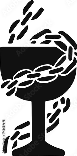 Modern chalice icon entwined with chains, symbolizing restriction and mysticism in minimalist black and white vector style