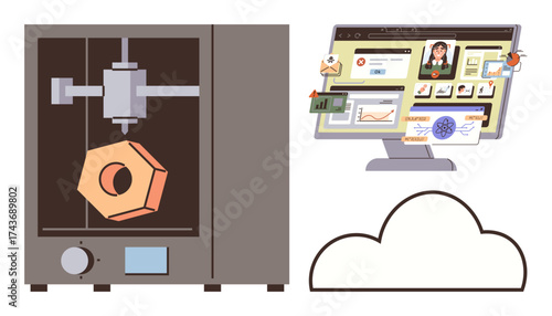 3D printer creating a geometric object, cloud storage symbol, and computer showing workspace apps. Ideal for innovation, tech integration, remote work, cloud solutions, digital tools, design
