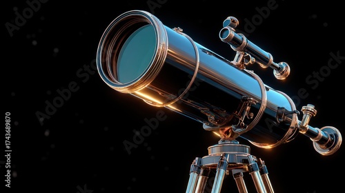 Detailed telescope on tripod against dark background for exploration