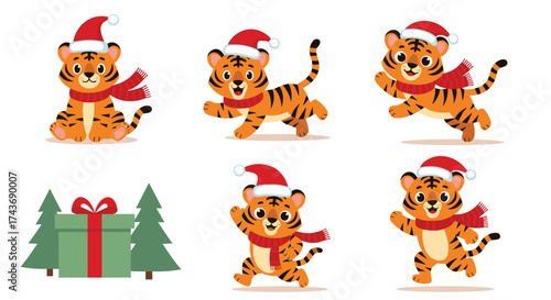 Cute tiger cubs celebrating christmas with festive decorations and gifts.