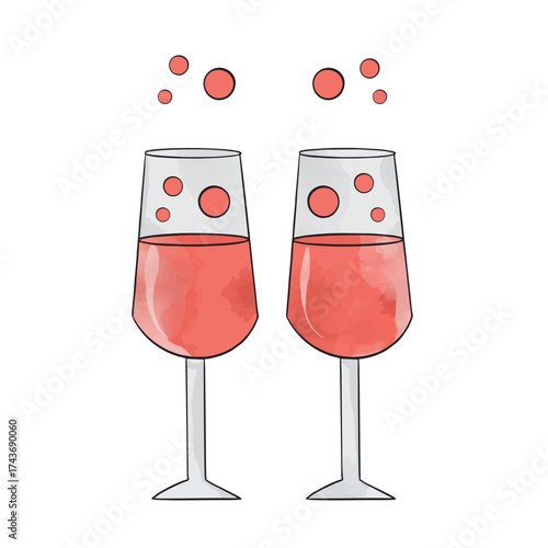 An elegant illustration of wedding glasses filled with a sparkling beverage