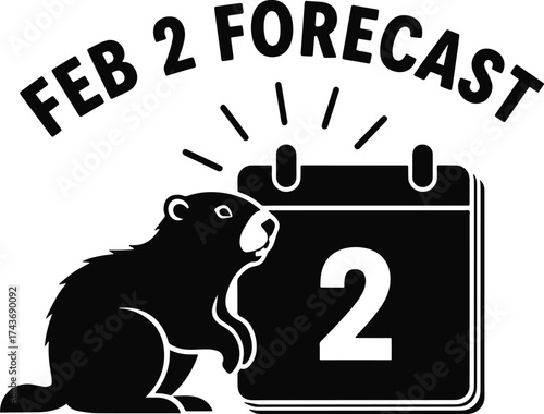 "Feb 2 Forecast – Groundhog with Calendar Silhouette Design Celebrating Weather Prediction, Groundhog Day & Seasonal Symbolism"
