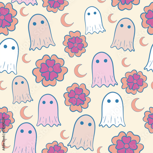 Flowers and ghosts Retro Halloween pattern vector design