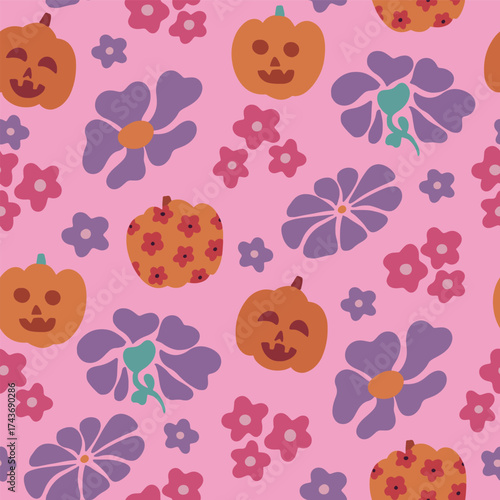 Groovy spooky retro Halloween seamless vector pattern