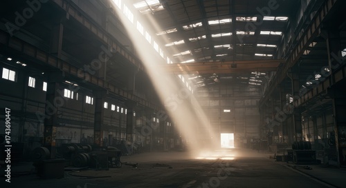 Dramatic view of an industrial warehouse bathed in atmospheric light, with shafts of sunlight piercing through the roof creating a mysterious and compelling ambiance in the desolate space.