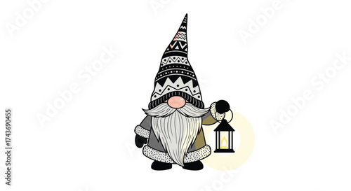 A whimsical gnome holding a lantern on a bright night.