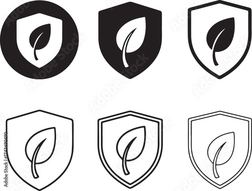 Three eco friendly shield icons with a leaf on transparent background silhouette