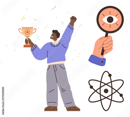 Person celebrating success holding trophy, magnifying glass symbolizing focus, and atom signifying knowledge. Ideal for education, science, innovation, achievement, discovery, motivation focus