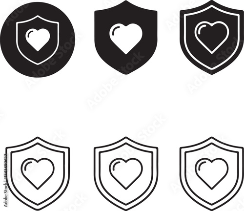 Three heart shaped shield icons with varying styles on transparent background silhouette