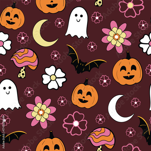 Retro Halloween 70s style seamless vector pattern background