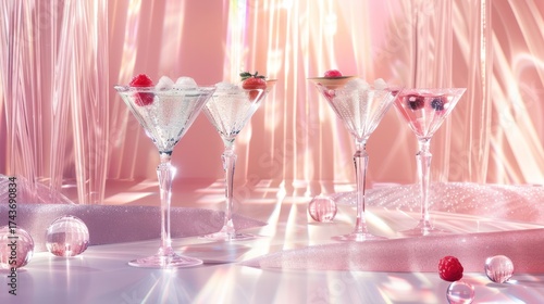 Elegant Pink Cocktail Glasses with Berries and Ice on Shimmering Background