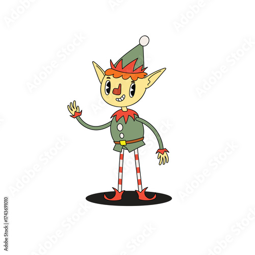 Groovy hippie Santa's helper Elf. Merry Christmas and Happy New year trendy retro character. Vector illustrations isolated on white background.