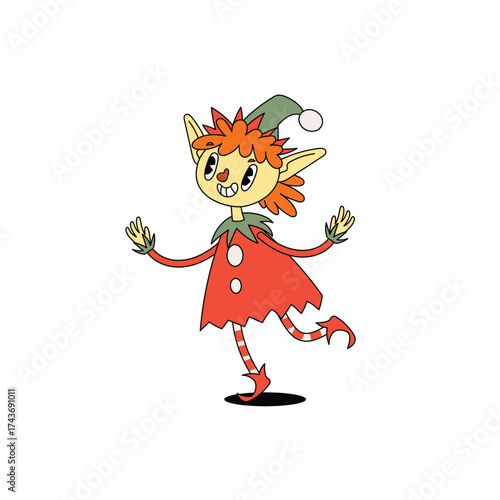 Groovy hippie dancing Santa's helper girl Elf. Merry Christmas and Happy New year trendy retro character. Vector illustrations isolated on white background.
