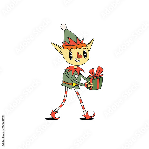 Groovy hippie Santa's helper Elf with gift box. Merry Christmas and Happy New year trendy retro character. Vector illustrations isolated on white background.