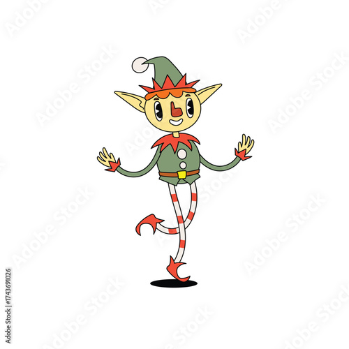 Groovy hippie dancing Santa's helper Elf. Merry Christmas and Happy New year trendy retro character. Vector illustrations isolated on white background.