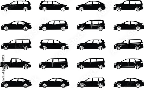 Car silhouette vector set, black vehicle icons, side profile illustration, sedan SUV truck minivan collection, automotive body style comparison graphic