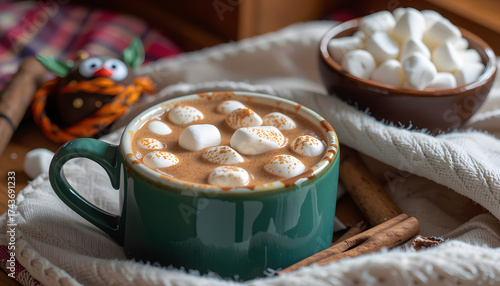 steaming hot cocoa with marshmallows, cinnamon, cozy vignette