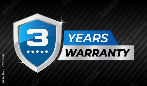3 years warranty shield badge, blue and silver metal guarantee label with stars, Product protection and quality assurance emblem, Security seal logo, Vector illustration
