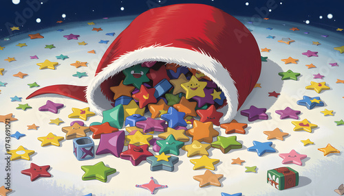 santa's gift sack spilling paper stars, playful scatter