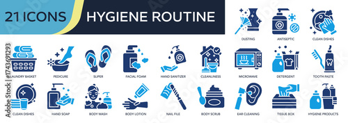 Collection of Hygiene Routine icons, related to Laundry basket, Pedicure, Hand sanitizer, Clean dishes, Hygiene Products and more. Solid icons vector illustation.