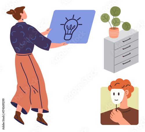 Woman presenting idea with lightbulb, person holding mask, potted plant, storage cabinet. Ideal for creativity, self-expression, innovation, identity personal development workspace metaphor. A
