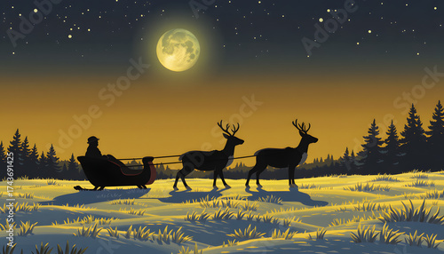 silhouette reindeer pulling sleigh under moon, snowy field